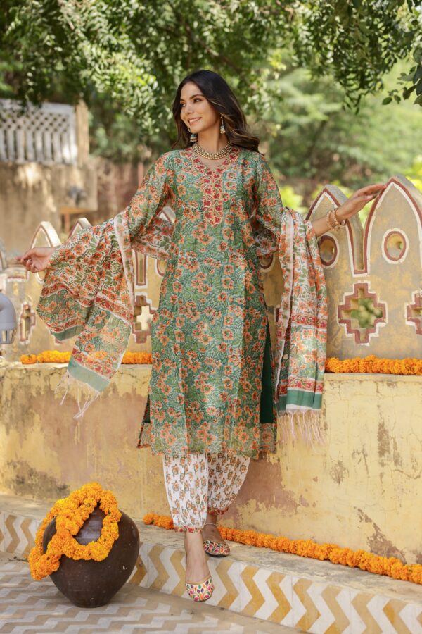 "Kamya" Hand Block Printed Chanderi Suit Set(3pc) - Image 2