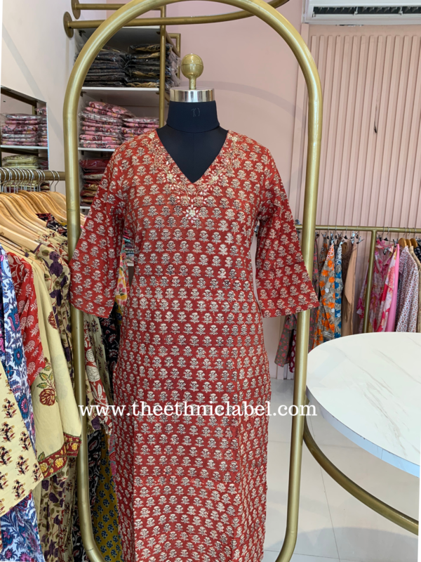 "Naima" Hand Embroidered Bagru Block Printed Cotton kurta - Image 2