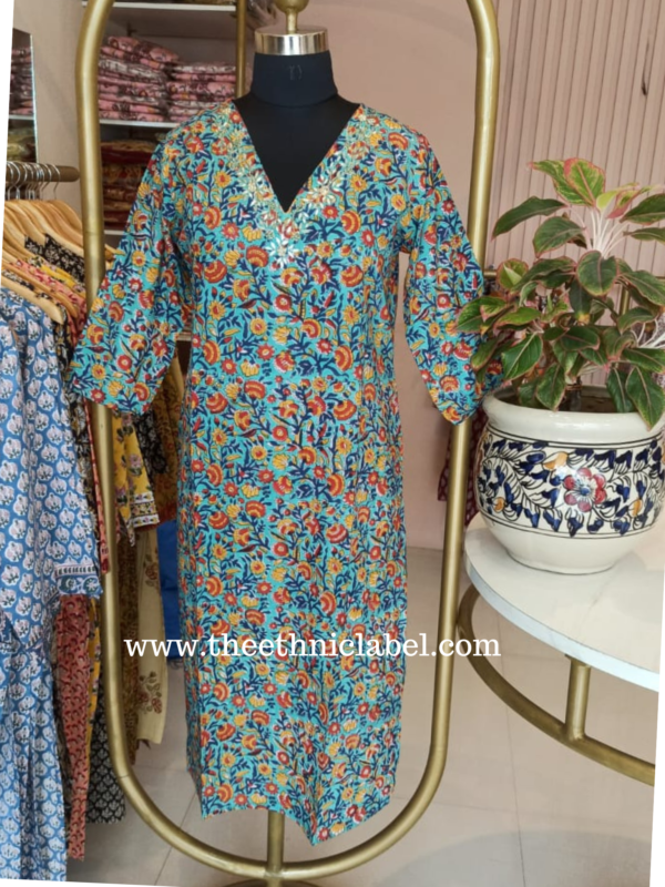 "Afsha" Hand Embroidered Block Printed Cotton kurta - Image 2
