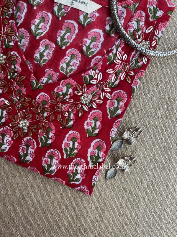 "Suman" Hand Embroidered Block Printed Cotton kurta - Image 2