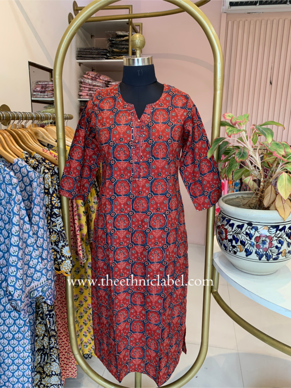 "Ankita" Red Ajrakh Buttoned Cotton Kurta - Image 2