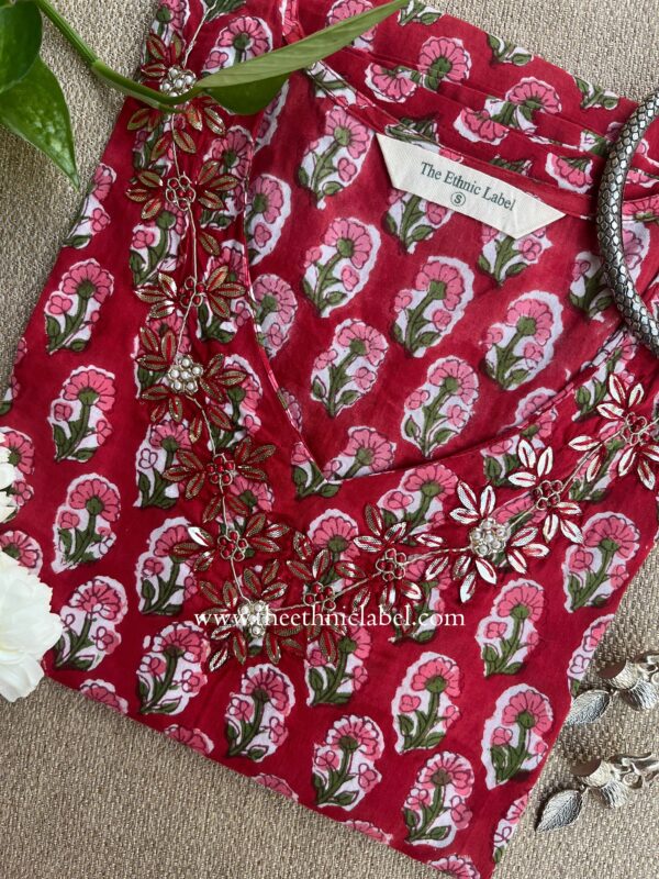 "Suman" Hand Embroidered Block Printed Cotton kurta - Image 4