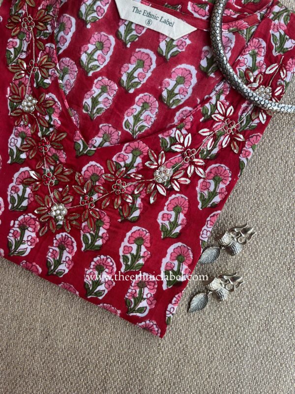 "Suman" Hand Embroidered Block Printed Cotton kurta - Image 5