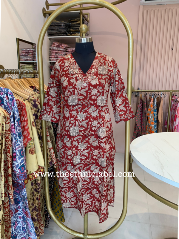 "Amira" Hand Embroidered Bagru Block Printed Cotton kurta - Image 2