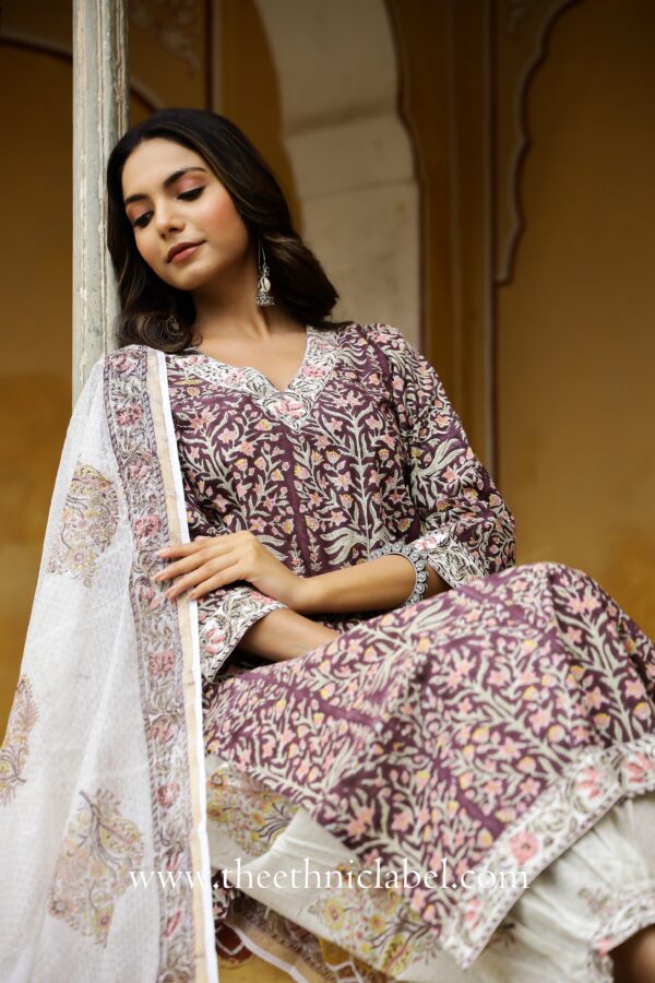 "Gul" Cotton Kurta Set with Afghan Pants and Kota Dupatta- 3pc - Image 2