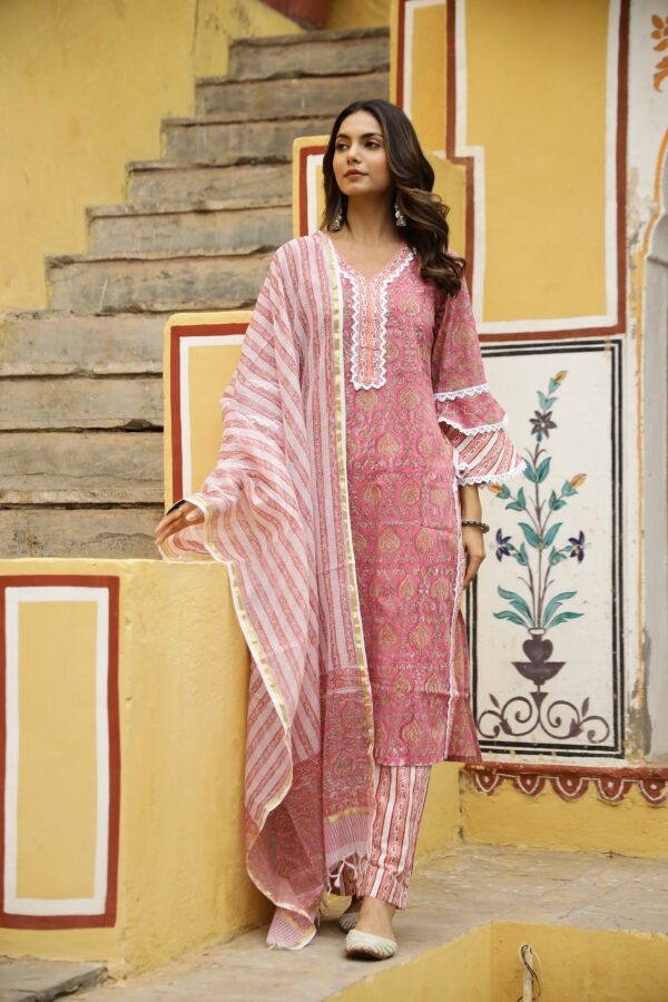 "Gulrang" Cotton Kurta Set with Kota Doria Dupatta(3pc) - Image 2