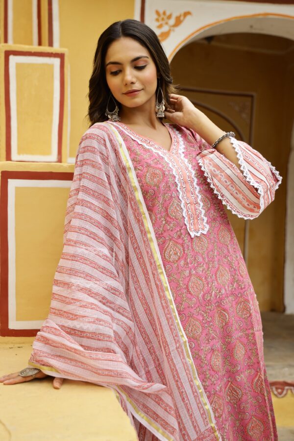 "Gulrang" Cotton Kurta Set with Kota Doria Dupatta(3pc) - Image 5
