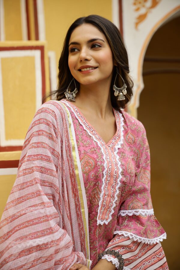 "Gulrang" Cotton Kurta Set with Kota Doria Dupatta(3pc) - Image 6