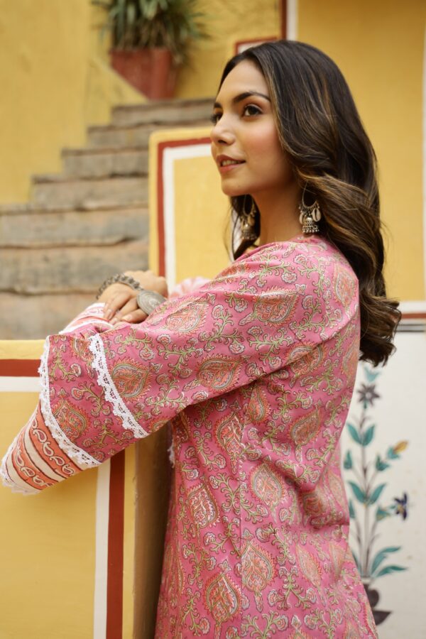 "Gulrang" Cotton Kurta Set with Kota Doria Dupatta(3pc) - Image 8