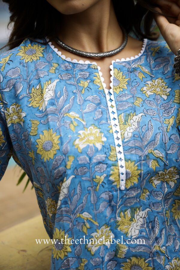 Blue Floral Bird Cotton Kurta - Image 6