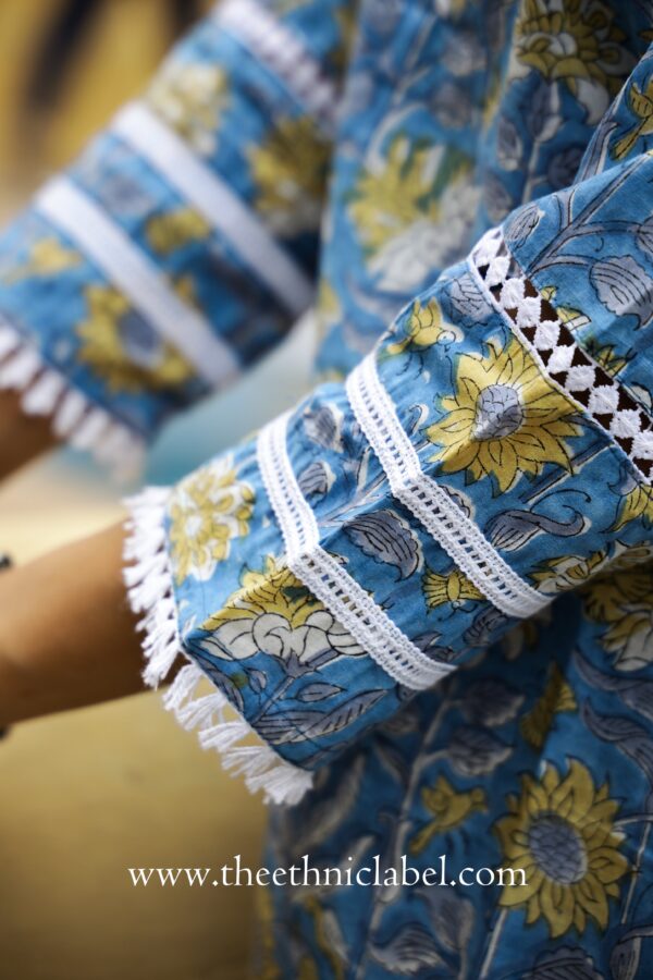 Blue Floral Bird Cotton Kurta - Image 7