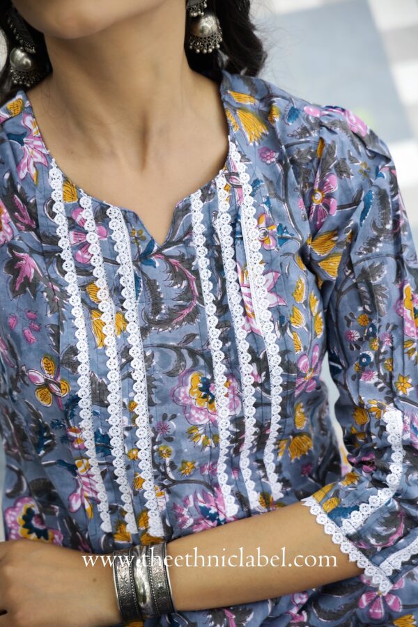 "Aina" Grey Laced Cotton Kurta - Image 2