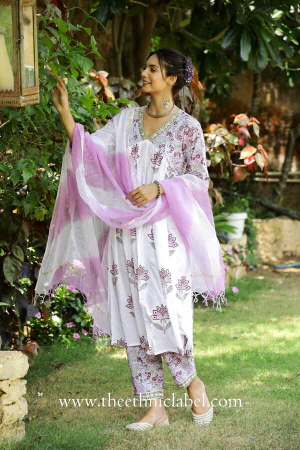 "Fiza" Mughal Hand Block Printed Purple White suit set - Image 7