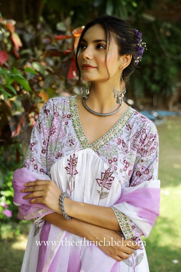 "Fiza" Mughal Hand Block Printed Purple White suit set - Image 4