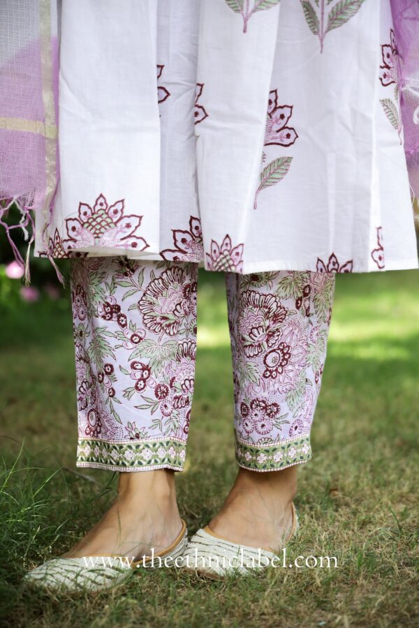 "Fiza" Mughal Hand Block Printed Purple White suit set - Image 12