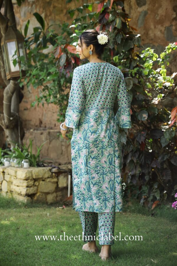 "Sakhi" Sea Green Hand Block Printed Cotton Kurta Pant Set(2 pc) - Image 5