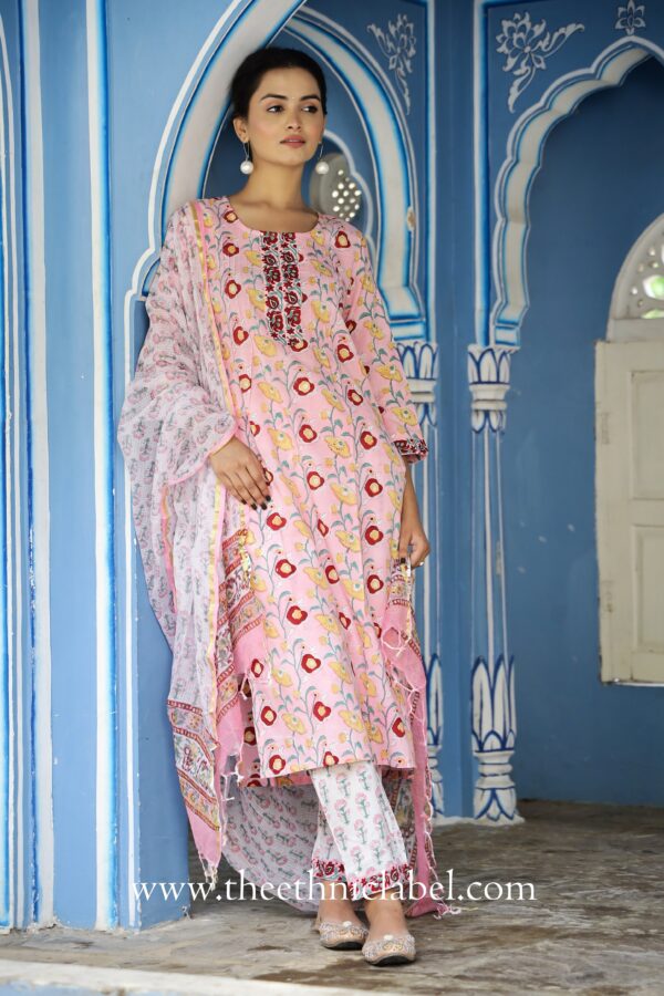 Pink "Panache" Floral Suit Set with Kota Doriya Dupatta - Set of 3 - Image 5
