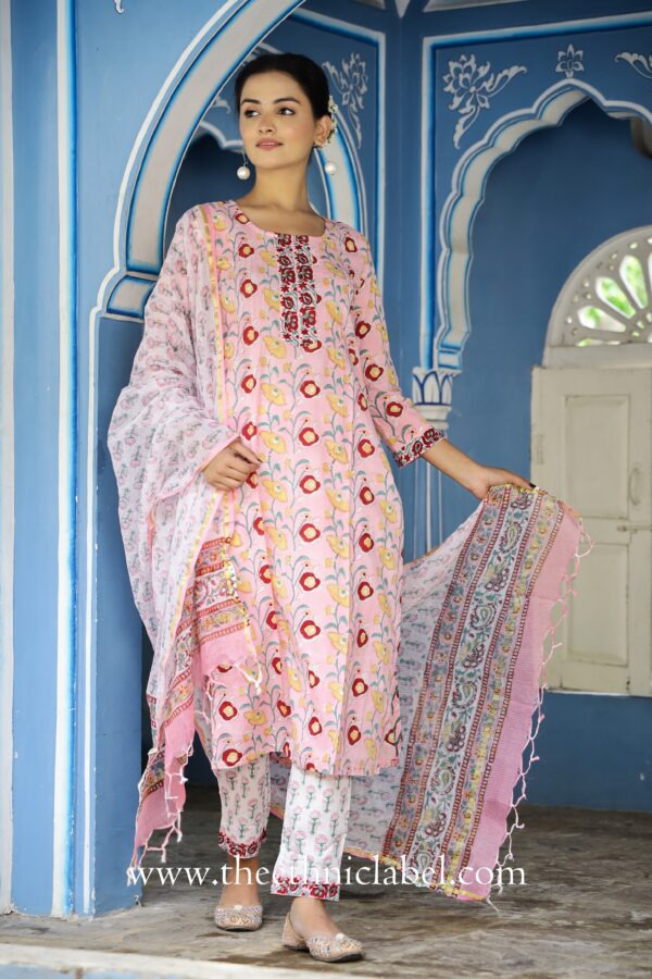 Pink "Panache" Floral Suit Set with Kota Doriya Dupatta - Set of 3 - Image 2