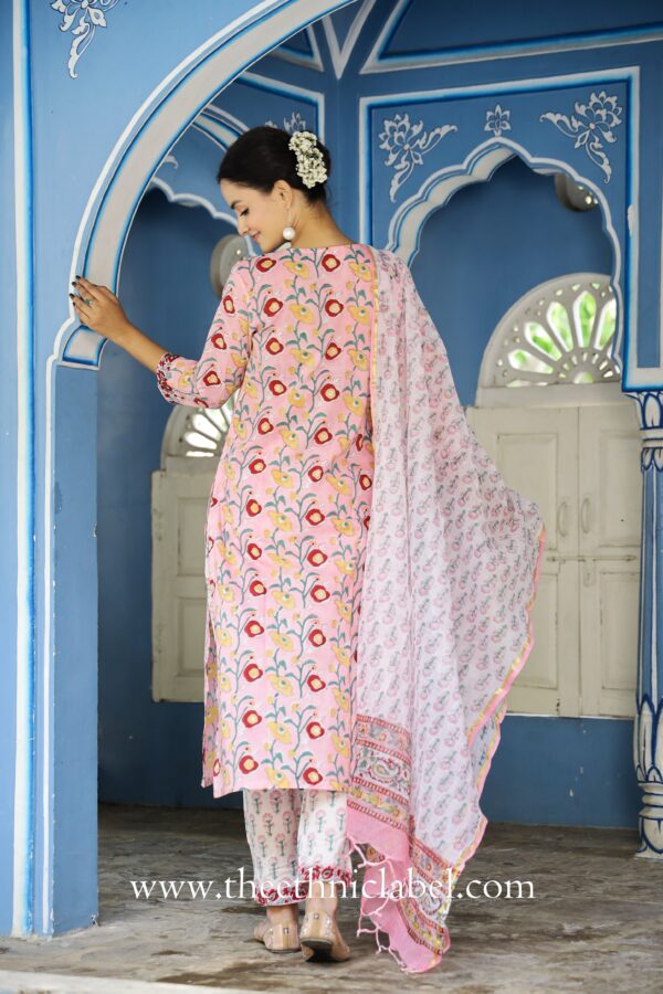 Pink "Panache" Floral Suit Set with Kota Doriya Dupatta - Set of 3 - Image 6