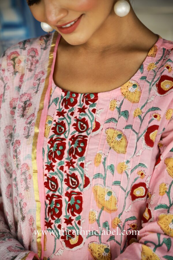 Pink "Panache" Floral Suit Set with Kota Doriya Dupatta - Set of 3 - Image 4