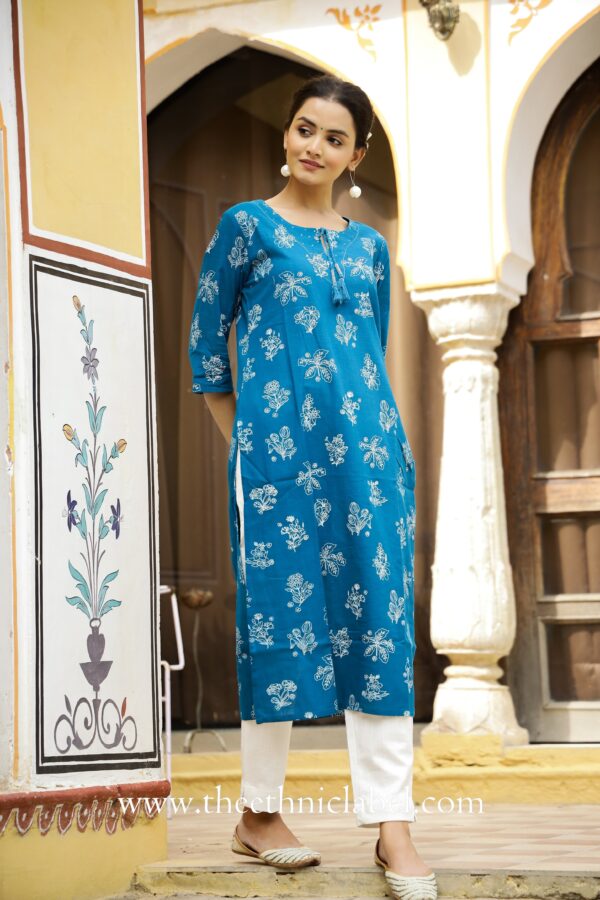 "Aisha" Prussian Blue Cotton Kurta- XL - Image 3