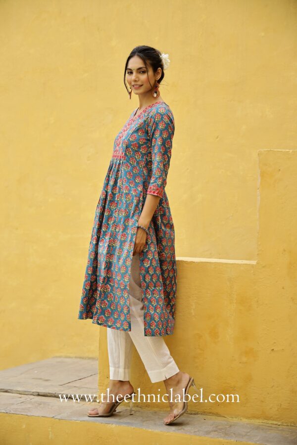 "Adaa" Blue A line Cotton Kurta - Image 4