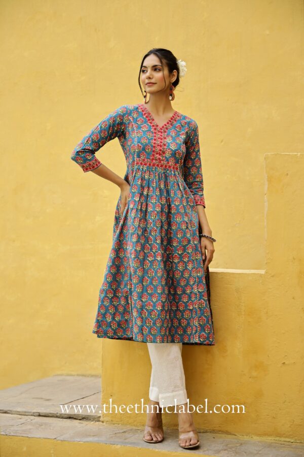 "Adaa" Blue A line Cotton Kurta - Image 3