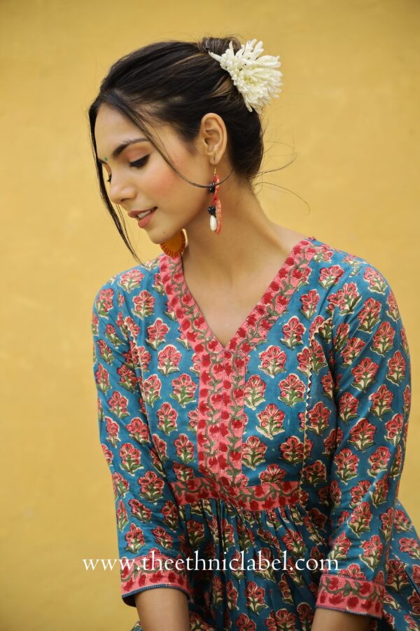 "Adaa" Blue A line Cotton Kurta - Image 2