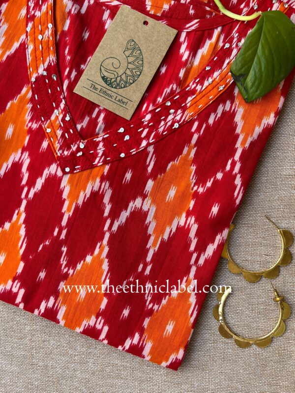 Red "Ikat" Kantha Cotton Kurta - Image 4