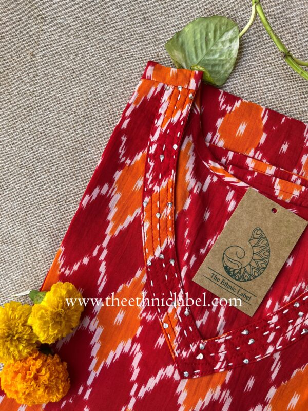 Red "Ikat" Kantha Cotton Kurta - Image 3