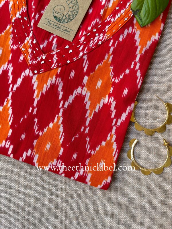 Red "Ikat" Kantha Cotton Kurta - Image 2