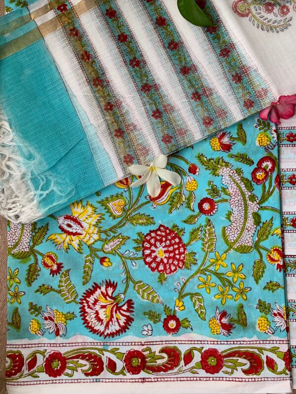 Blue Floral Unstitched Suit Set with Doria Dupatta - Image 4