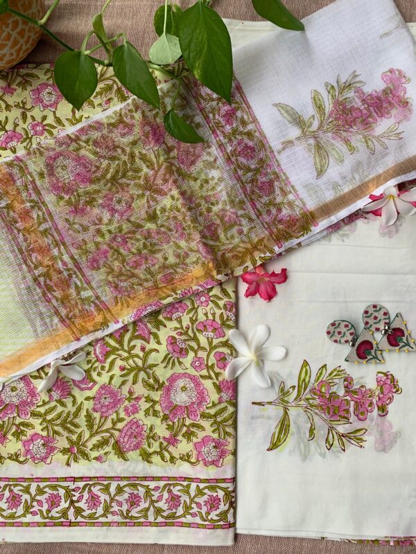 Yellow-Pink Floral Unstitched Suit Set with Doria Dupatta