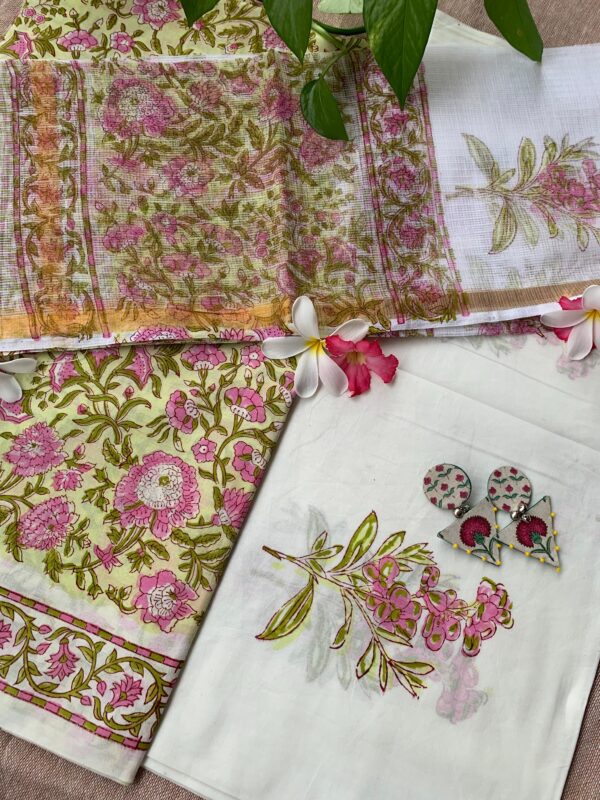 Yellow-Pink Floral Unstitched Suit Set with Doria Dupatta - Image 2
