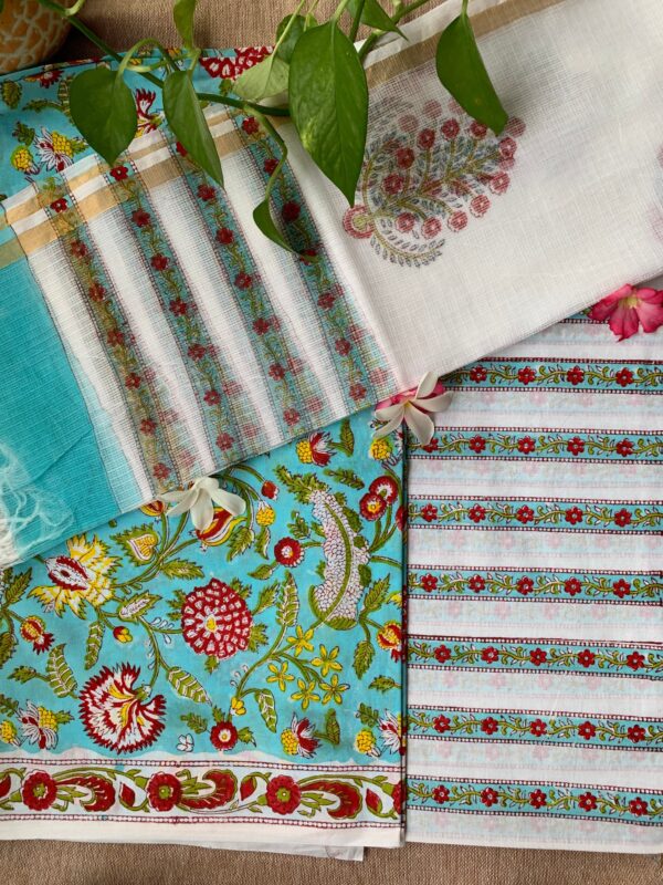 Blue Floral Unstitched Suit Set with Doria Dupatta