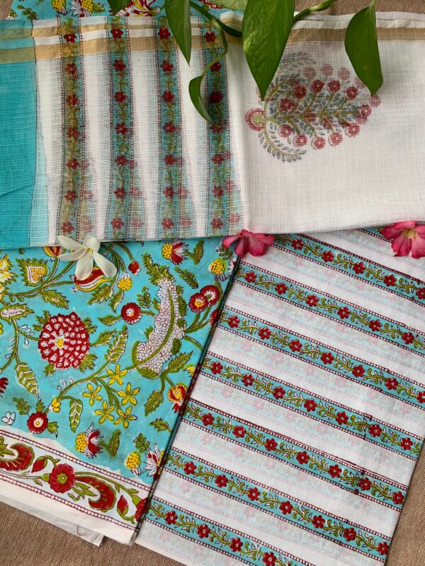 Blue Floral Unstitched Suit Set with Doria Dupatta - Image 2