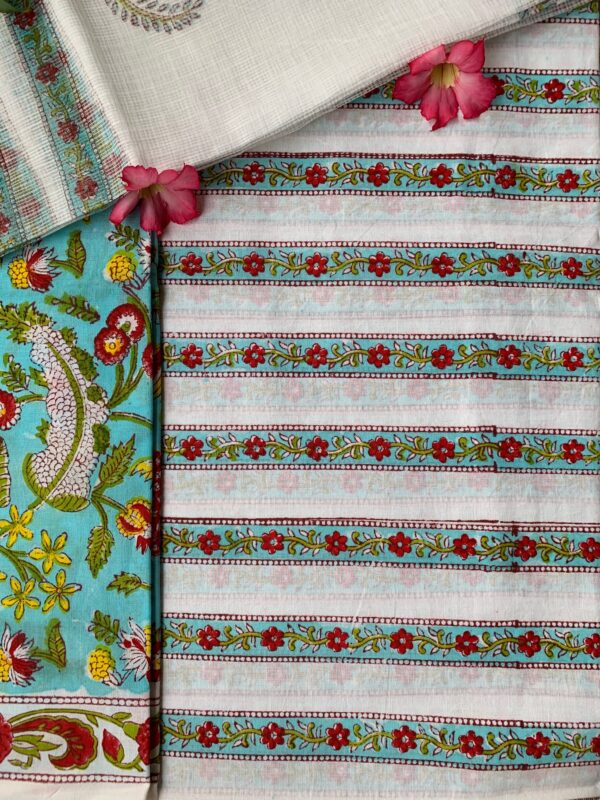 Blue Floral Unstitched Suit Set with Doria Dupatta - Image 3
