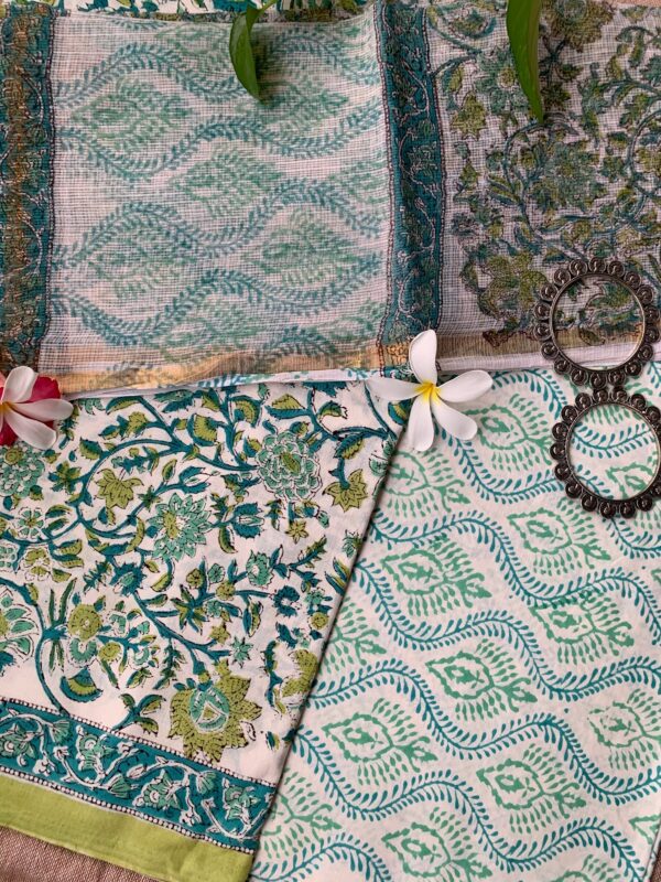 Sea green-White Jaal Floral Unstitched Suit Set with Doria Dupatta - Image 2