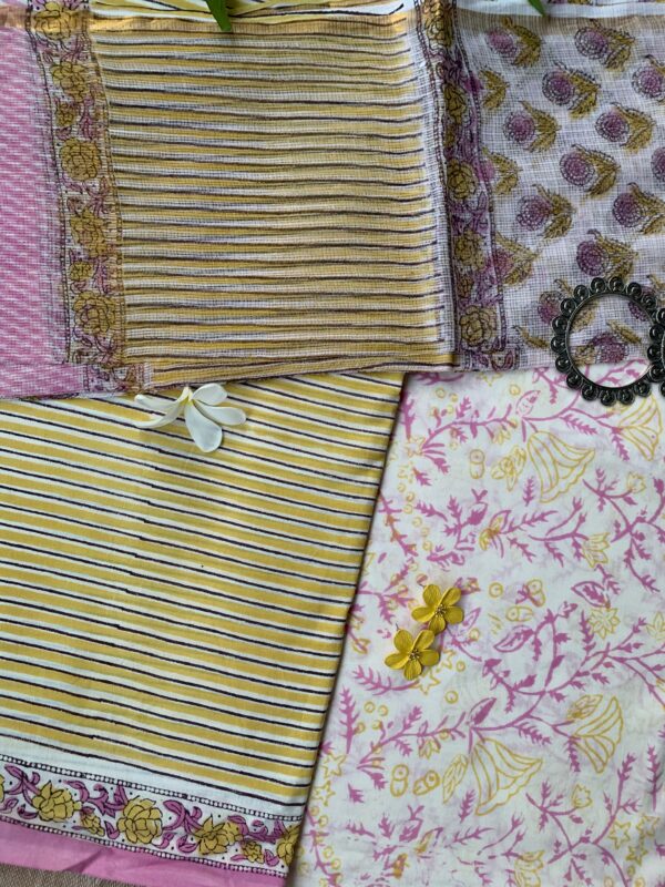 Mustard Striped Unstitched Suit Set with Doria Dupatta - Image 2