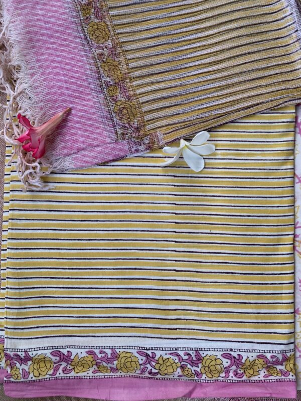 Mustard Striped Unstitched Suit Set with Doria Dupatta - Image 3