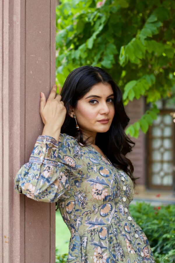 Olive 'Floral Fitoor’ Hand Block Printed Cotton Dress - Image 7