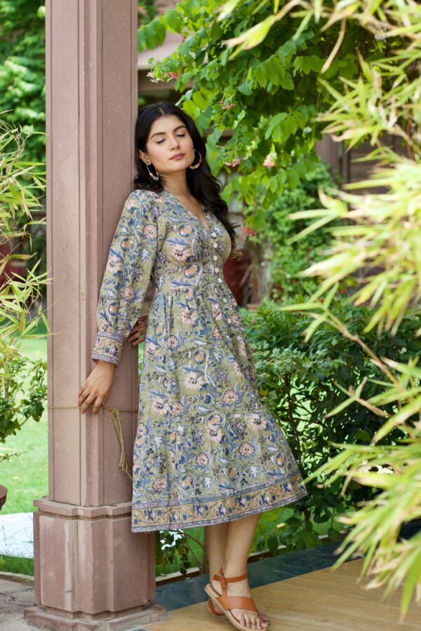 Olive 'Floral Fitoor’ Hand Block Printed Cotton Dress - Image 8