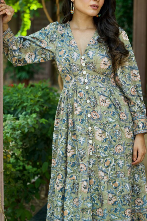 Olive 'Floral Fitoor’ Hand Block Printed Cotton Dress - Image 4