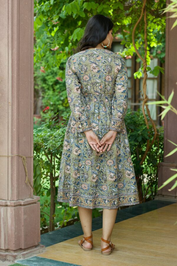 Olive 'Floral Fitoor’ Hand Block Printed Cotton Dress - Image 5