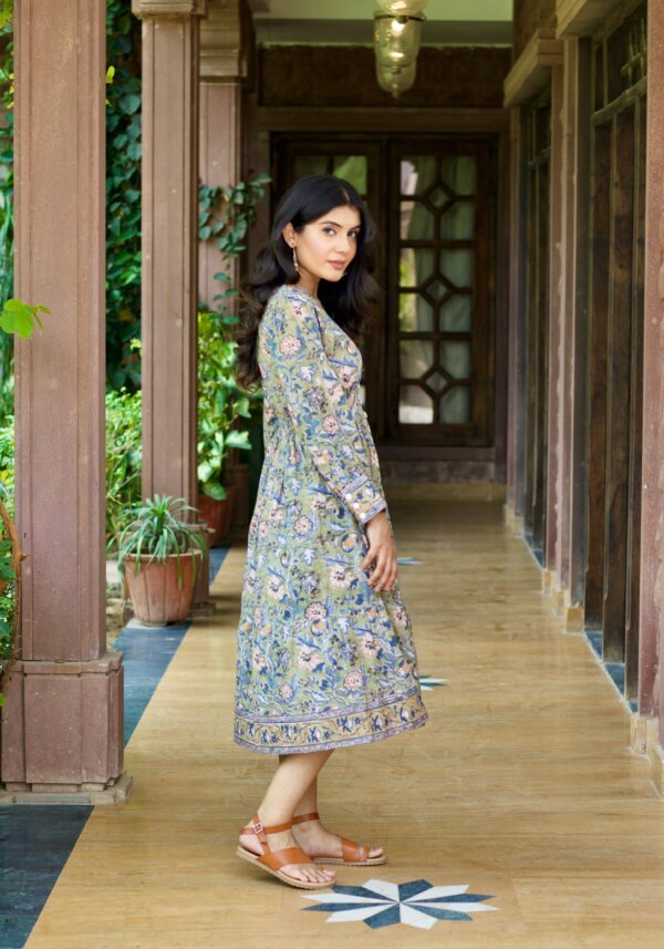 Olive 'Floral Fitoor’ Hand Block Printed Cotton Dress - Image 2