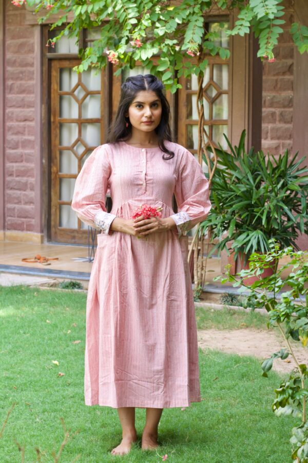 Pink 'Panache' Hand Block Printed Cotton Striped Dress - Image 2