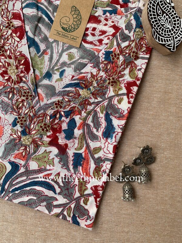 "Yogita" Hand Embroidered Block Printed Cotton kurta - Image 2