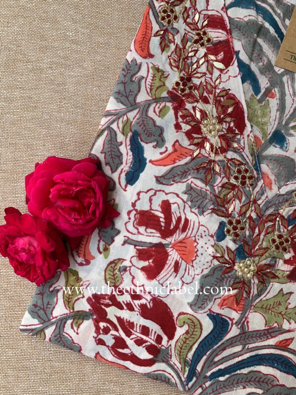 "Yogita" Hand Embroidered Block Printed Cotton kurta - Image 3