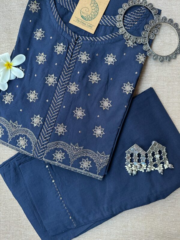 "Tara" Hand Embroidered Blue Kurta Set(2pc) - Image 3