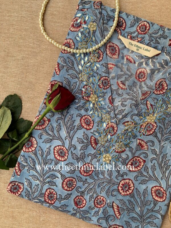 "Vaibhavi" Hand Embroidered Block Printed Cotton kurta - Image 2